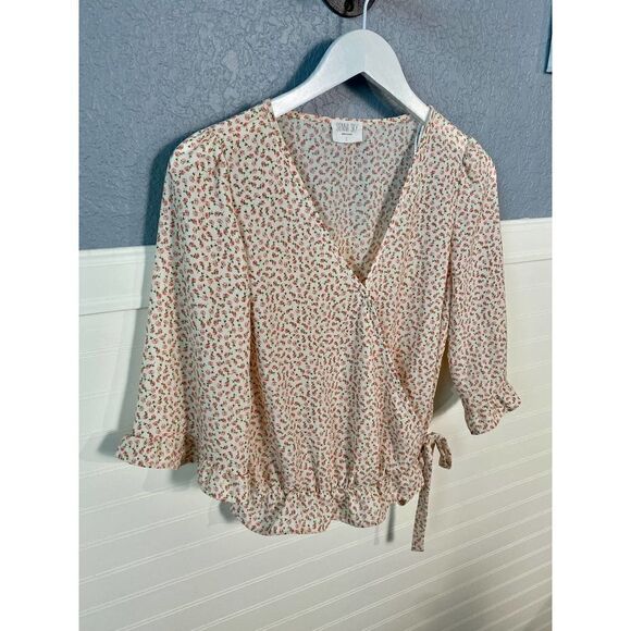 Sienna Sky Cream and Pink Floral Wrap 3/4 Sleeve Blouse Size Small - Picture 5 of 11